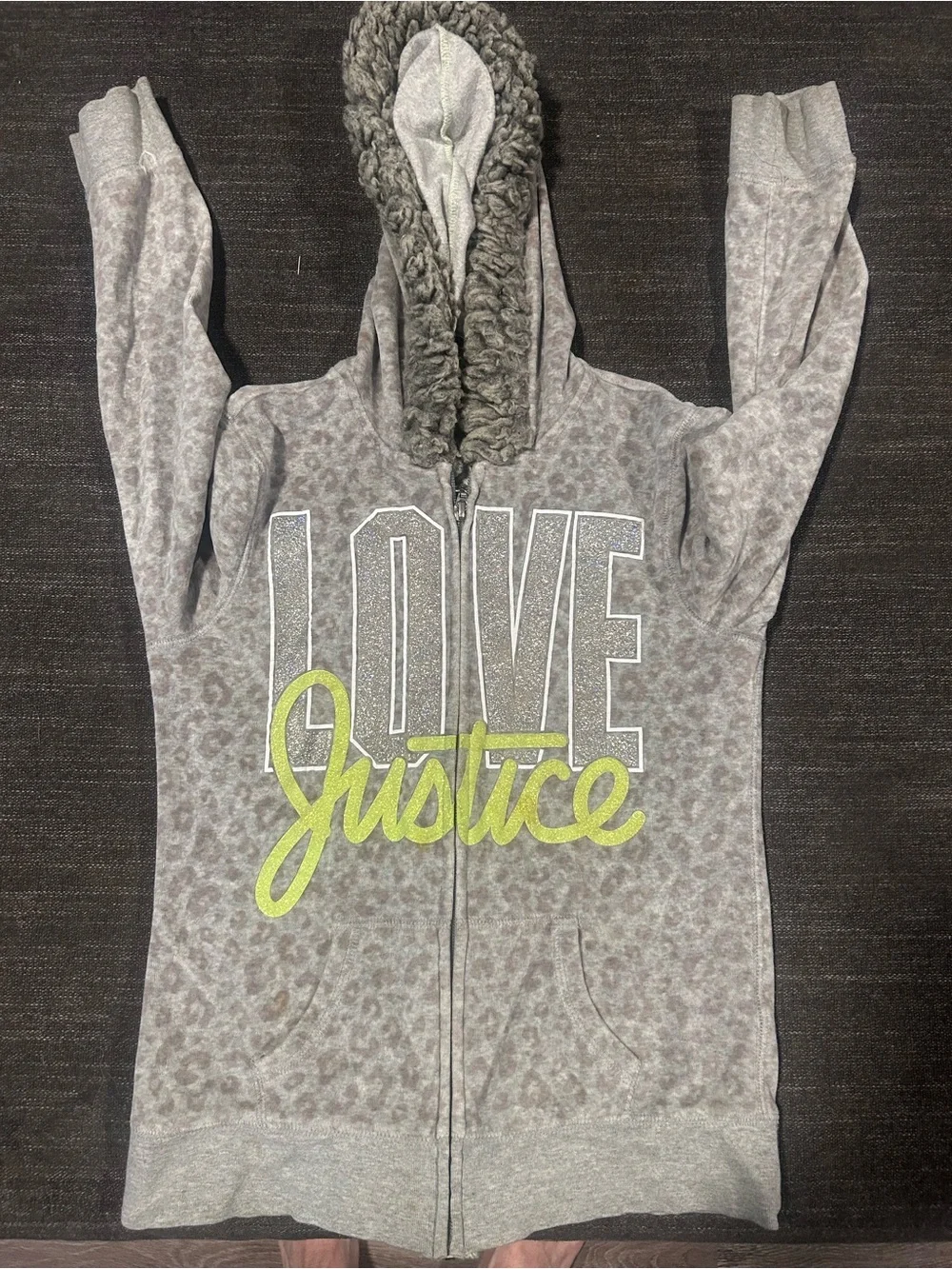 Justice Gray Cheetah Leopard Sherpa Lined Love Zip Up Hoodie 12